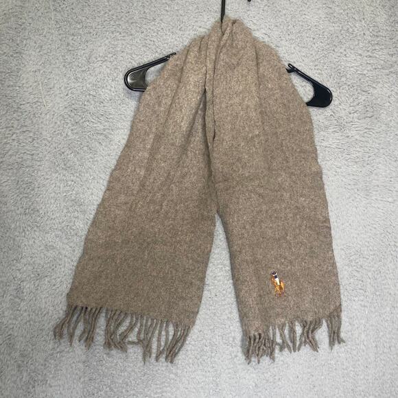 Ralph Lauren gray 100% lambswool scarf Italy embroidered pony fringe 54 in - Picture 1 of 5